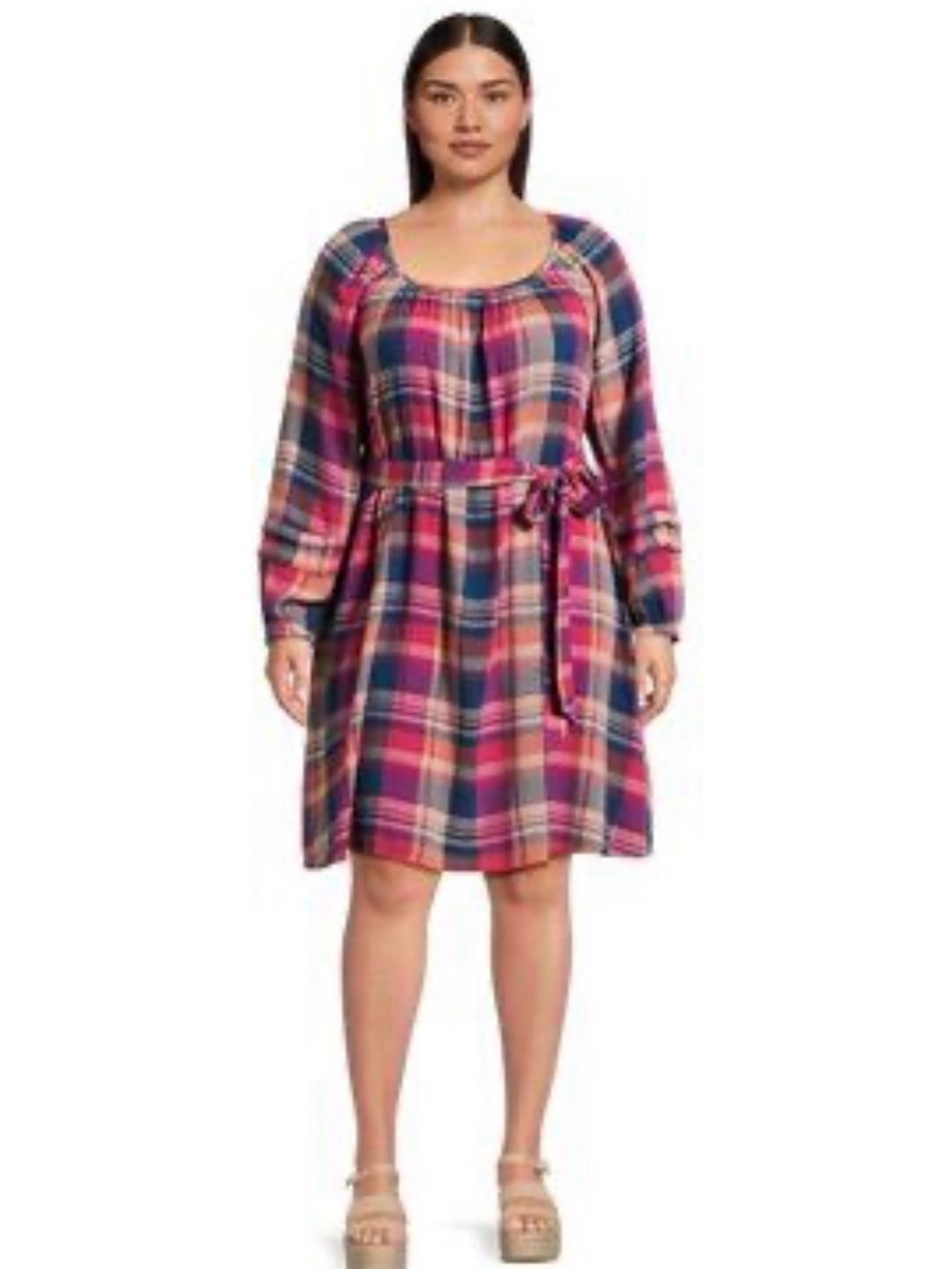 Terra&Sky Pink Plaid Long-Sleeve Tie-Waist Dress Size 1X